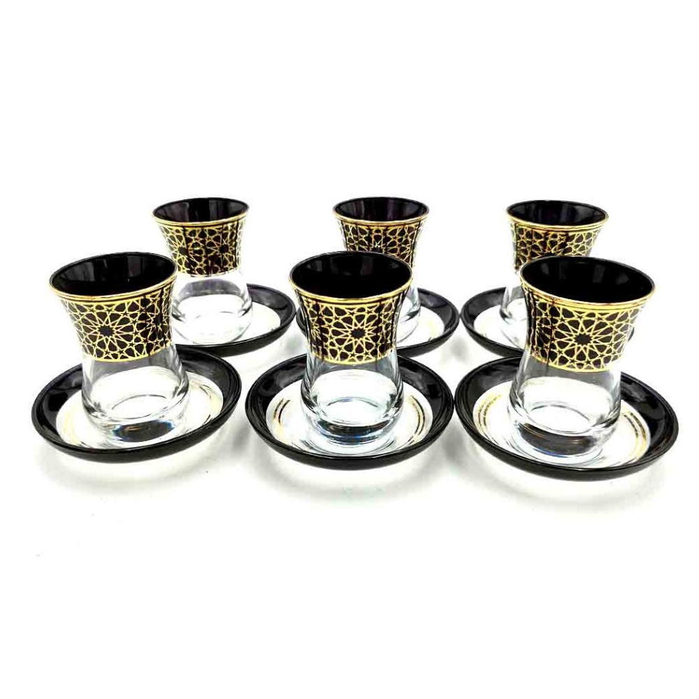 Set Juego 6 Vasos de Té Turco con Platitos - Artesanía Turca - Modelo Alhambra
