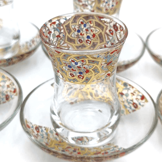Conjunto de 6 Copos de Chá Turco com Pires - Artesanato Turco - Decoração Árabe - Modelo Najmein
