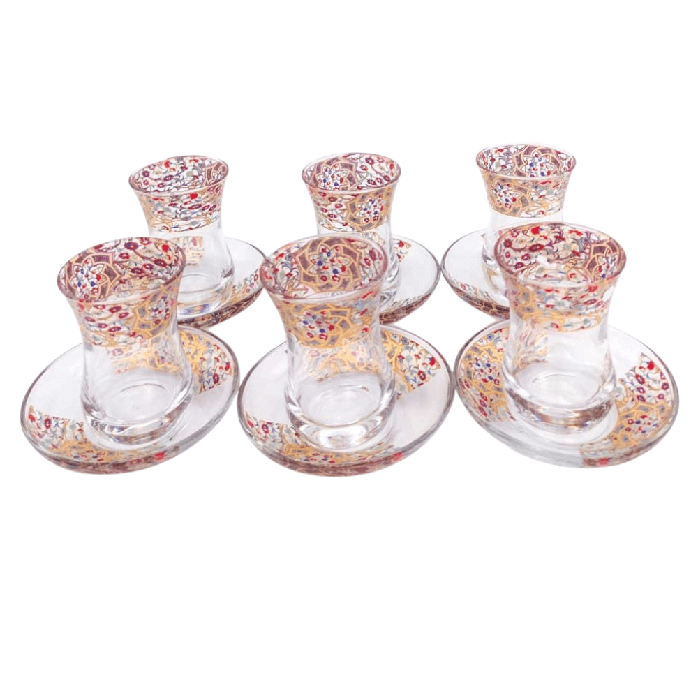 Set of 6 Turkish Tea Glasses with Saucers - Turkish Crafts - Arabic Decoration - Najmein Model