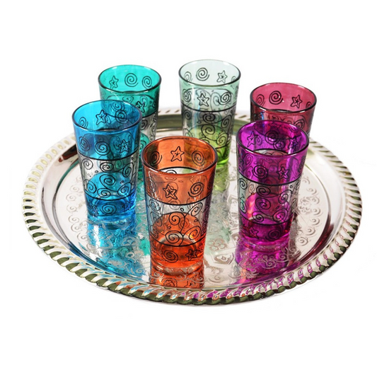 Set of 6 Engraved Tea Glasses - Henna Floral Filigree - Bahar Model